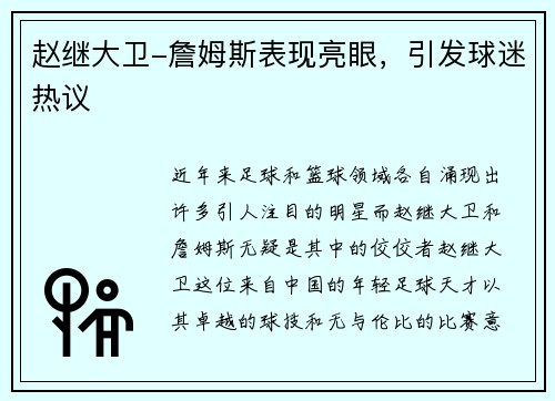 赵继大卫-詹姆斯表现亮眼，引发球迷热议
